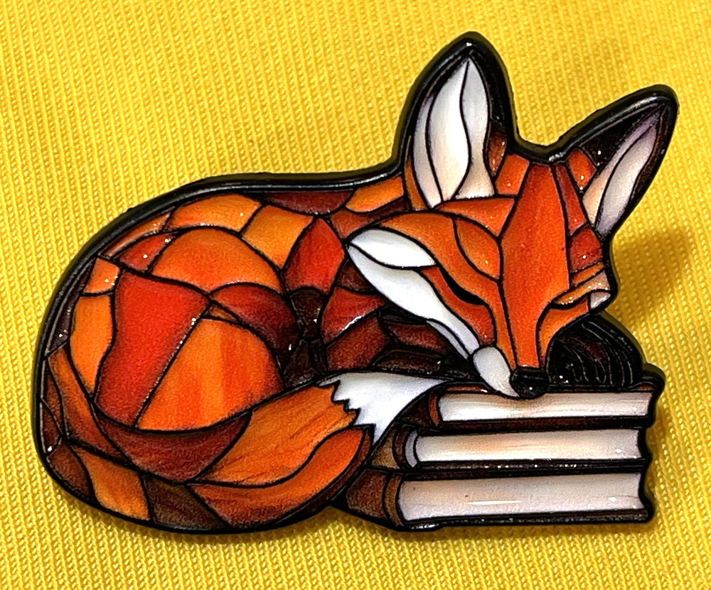 NWOT Orange Fox Brooch Lapel Pin Enamel Forest Animals Sleeping On Books